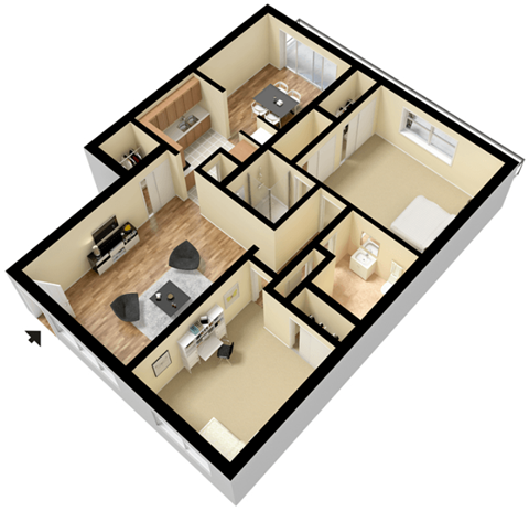 Floor plan for 2 beds, 2 baths, 1050 sqft